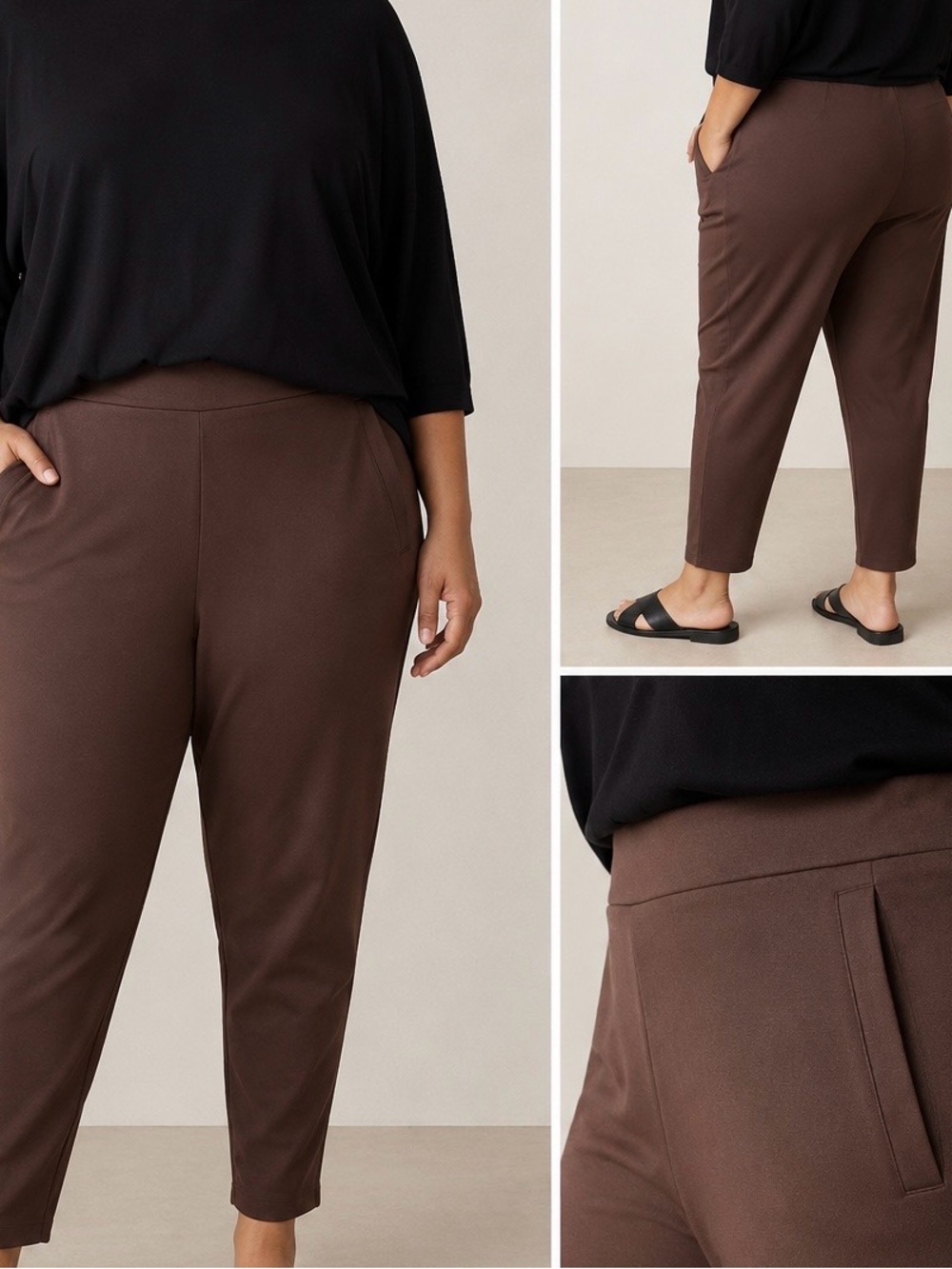 Eileen Fisher Brown Tencel Lyocell  pull on ankle stretch tapered minimalist